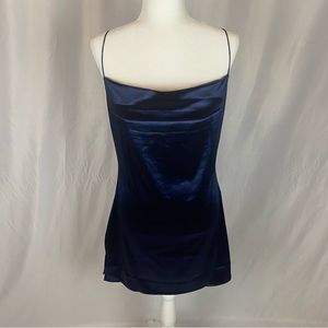 NWT - ZAFUL Satin Spaghetti Strap Cowl Neck, Side Slit Mini in Navy, Size 10